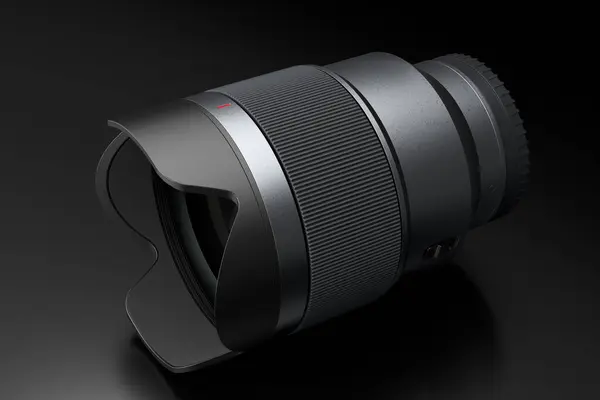 Modern nonexistent DSLR macro camera lens on black background — Stock Photo, Image