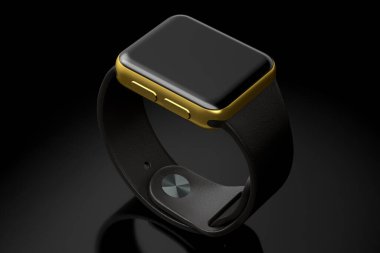 Siyah arka planda siyah deri kayışı olan paslanmaz altın akıllı saat. Giyilebilir aygıt sağlığı ve fitness izleyicisi için 3B yorumlama kavramı