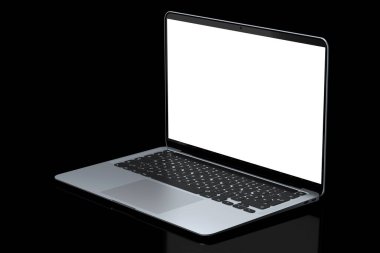 Siyah zemin üzerinde boş beyaz ekran görüntüsü olan gerçekçi alüminyum dizüstü bilgisayar. Ev stüdyosu çalışma alanı için 3D taşınabilir bilgisayar görüntüleme