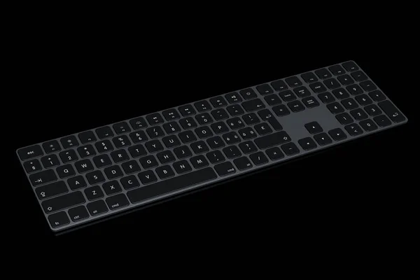 现代深色铝制计算机键盘 与黑色背景隔离的软垫 家庭办公室和工作空间装备的三维绘制 — 图库照片