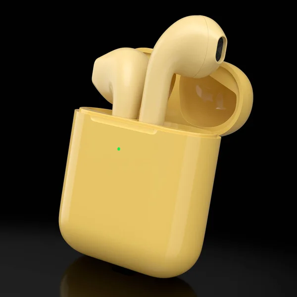 Casque Bluetooth Sans Fil Boîtier Jaune Isolé Sur Fond Noir — Photo