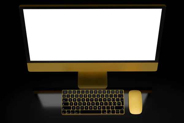노란색 컴퓨터 화면에는 키보드와 마우스가 배경에 분리되어 스튜디오 공간에 모니터 — 스톡 사진