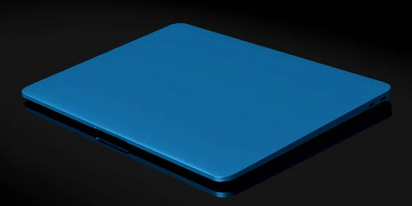 Realistyczny Niebieski Aluminiowy Laptop Pustym Białym Ekranem Odizolowanym Czarnym Tle — Zdjęcie stockowe