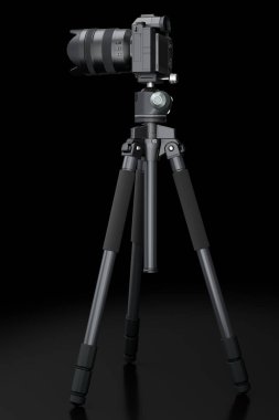 Siyah arka planda izole edilmiş DSLR kamerası olmayan fotoğraf ve video tripod. Yayınlama ve vloglama için profesyonel fotoğrafçılık ekipmanlarının 3B görüntülenmesi ve çizimi