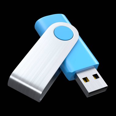 Taşınabilir mavi USB flaş bellek siyah arkaplanda izole edildi. Ev işi stüdyo çalışma alanı için 3 boyutlu aksesuar hazırlama
