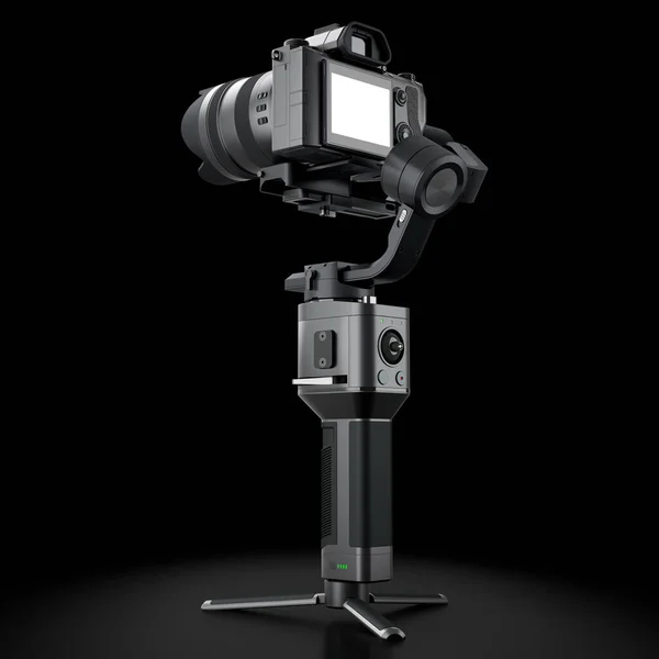 Axis Gimbal Stabilization System Nonexistent Mirrorless Camera Isolated Black Background — Stock Photo, Image