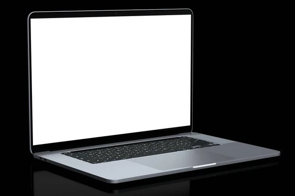 Realistic Aluminum Laptop Empty White Screen Display Isolated Black Background — Stock Photo, Image