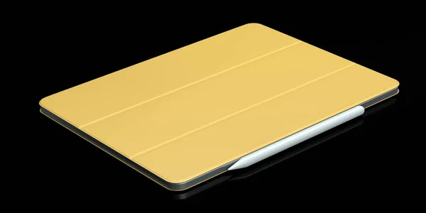 Computador Tablet Com Capa Ouro Lápis Isolado Sobre Fundo Preto — Fotografia de Stock