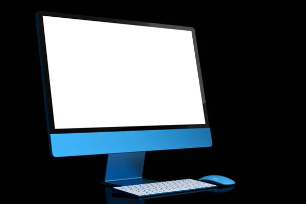 Realistyczny niebieski wyświetlacz ekranu komputera z klawiaturą i myszą odizolowany na czarno — Zdjęcie stockowe