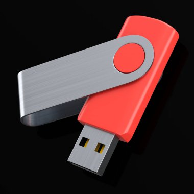 Çalışma alanı için taşınabilir kırmızı USB flaş bellek çubuğu siyah arkaplanda izole edildi