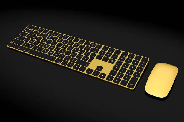 Moderne Gold-Aluminium-Computertastatur und -Maus isoliert auf schwarzem Hintergrund. — Stockfoto