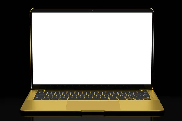 검은 배경에 빈 흰색 화면 이 있는 실제 알루미늄 노트북. — 스톡 사진