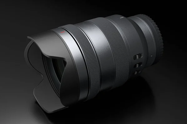 Modern nonexistent DSLR macro camera lens on black background — Stock Photo, Image