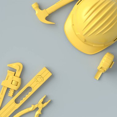 Gri ve sarı renkte tamir için tek renkli inşaat araçlarının üst görünümü