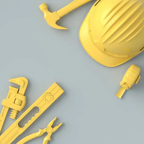 Вид зверху на монохромні будівельні інструменти для ремонту на сірому і жовтому — стокове фото
