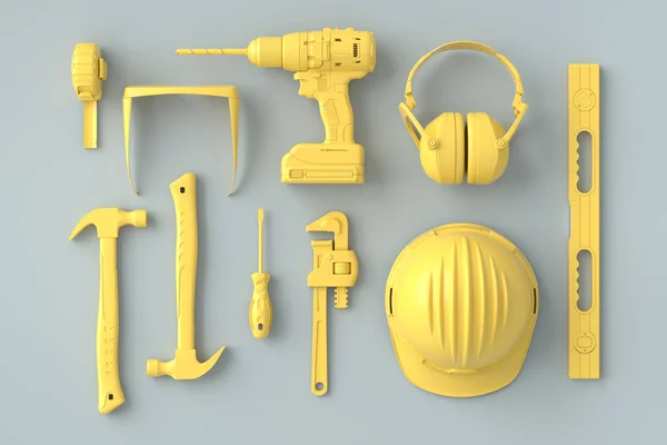 Top view of monochrome construction tools for repair on grey and yellow — Stock Photo, Image