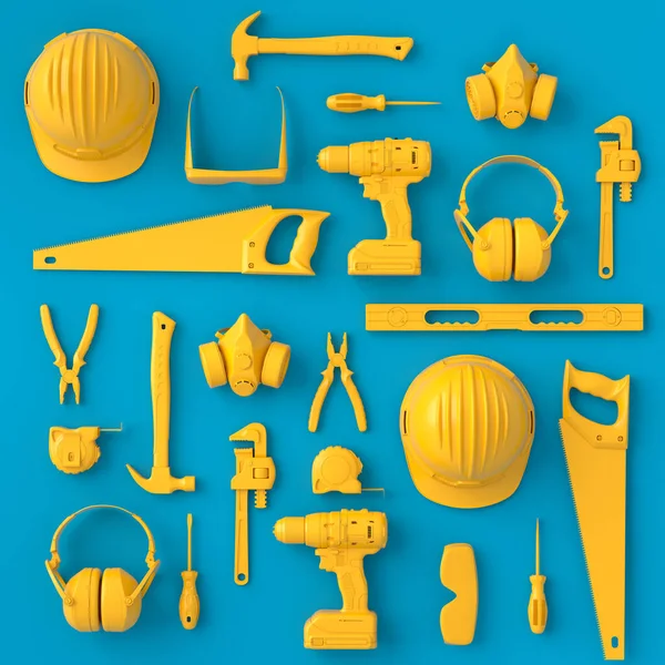 Вид зверху на монохромні будівельні інструменти для ремонту на синьому і жовтому — стокове фото
