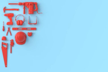 Mavi ve kırmızıda tamir için tek renkli inşaat araçlarının üst görünümü