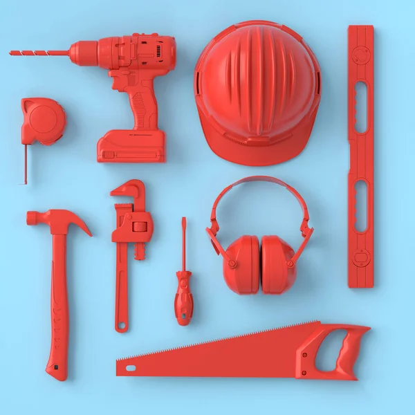 Vue de dessus des outils de construction monochromes pour la réparation sur bleu et rouge — Photo