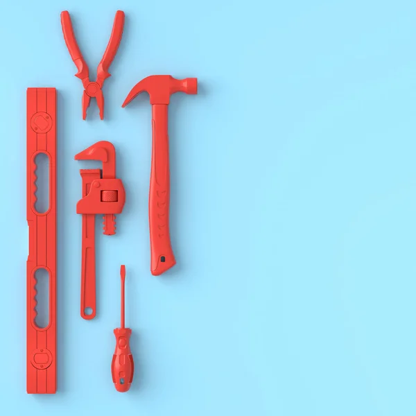Vista superior de ferramentas de construção monocromáticas para reparo em azul e vermelho — Fotografia de Stock