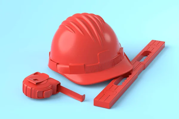 Izometryczny widok monochromatycznych narzędzi budowlanych do naprawy na niebiesko-czerwonym — Zdjęcie stockowe