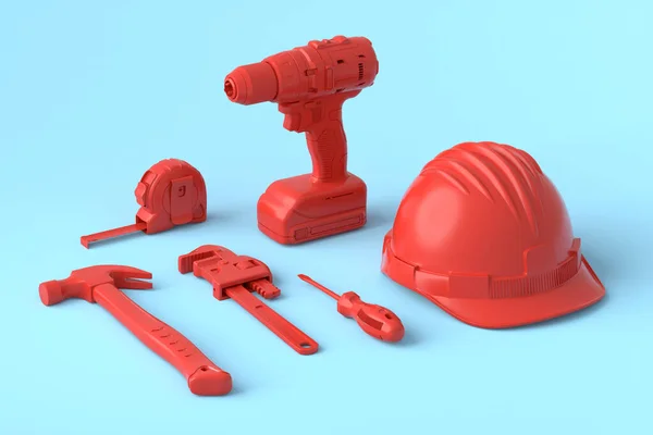 Isometric view of monochrome construction tools for repair on blue and red — Stock Photo, Image