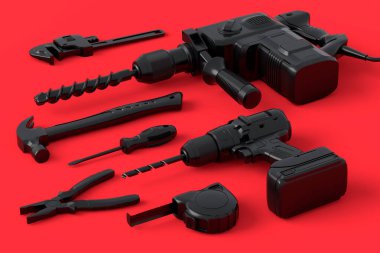 Kırmızı ve siyah renkte onarım için tek renkli inşaat araçlarının farklı görünümü