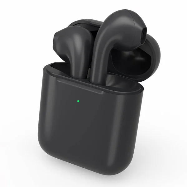 Auriculares inalámbricos bluetooth en estuche negro aislados sobre fondo blanco —  Fotos de Stock