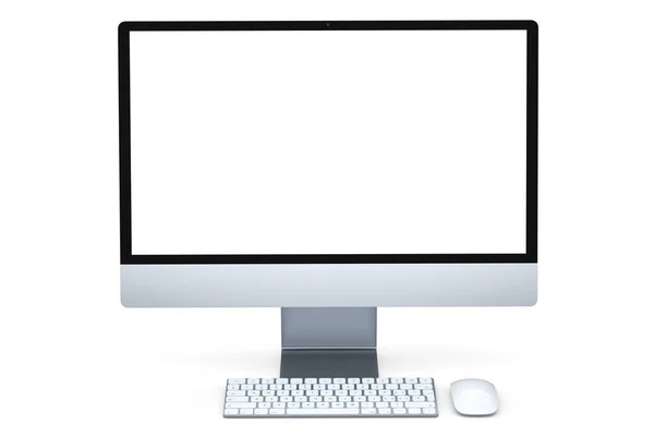 흰색으로 분리 된 키보드와 마우스가 있는 실제 회색 컴퓨터 화면 표시 — 스톡 사진
