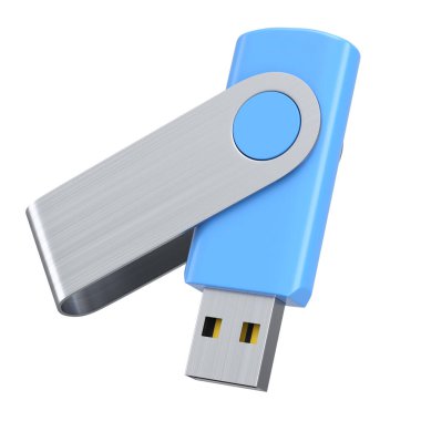Çalışma alanı için taşınabilir mavi USB flash disk çubuğu beyaz arkaplanda izole edildi