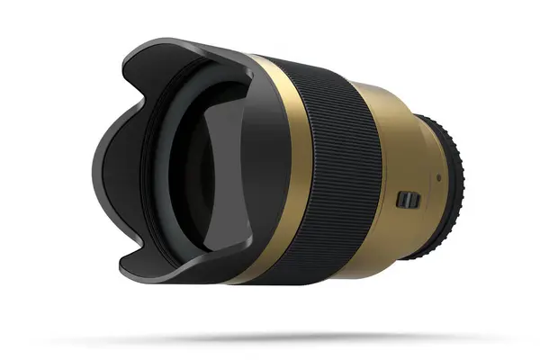 Moderne non-existent goud DSLR macro camera lens op witte achtergrond — Stockfoto