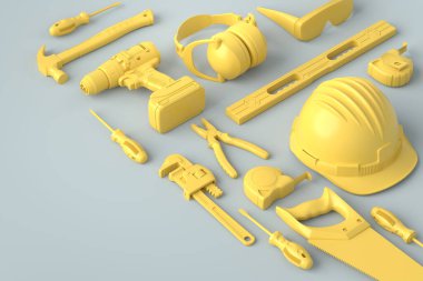 Gri ve sarıyı onarmak için monokrom yapı araçlarının farklı görünümü
