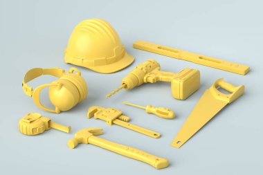 Gri ve sarıyı onarmak için monokrom yapı araçlarının farklı görünümü