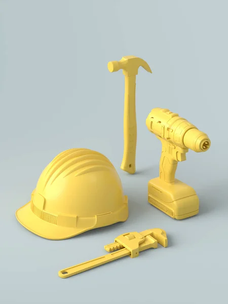 Izometryczny widok monochromatycznych narzędzi konstrukcyjnych do naprawy na szarości i żółci — Zdjęcie stockowe