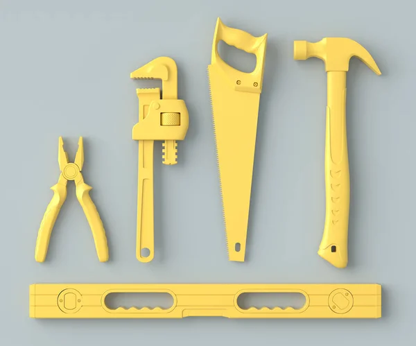 Вид зверху на монохромні будівельні інструменти для ремонту на сірому і жовтому — стокове фото