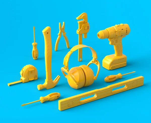 Vista isométrica de ferramentas de construção monocromáticas para reparo em azul e amarelo — Fotografia de Stock