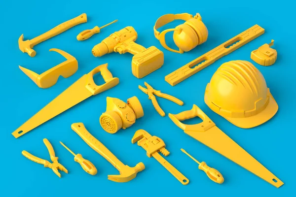 Vista isometrica di strumenti di costruzione monocromatici per la riparazione su blu e giallo — Foto Stock