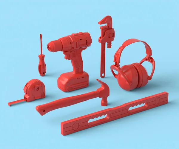Ізометричний вигляд монохромних будівельних інструментів для ремонту на синьому і червоному — стокове фото