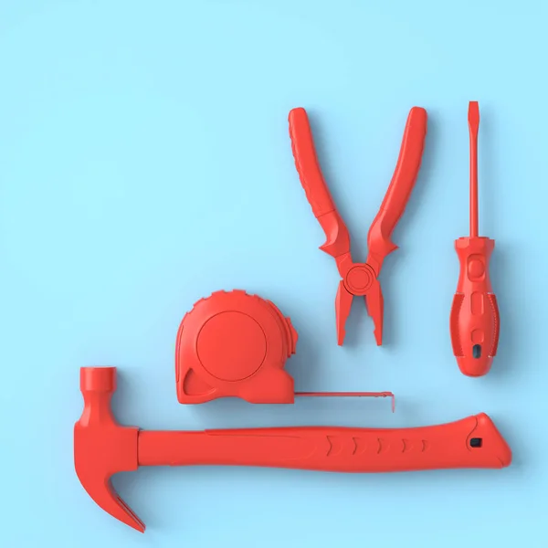 Vista superior de ferramentas de construção monocromáticas para reparo em azul e vermelho — Fotografia de Stock