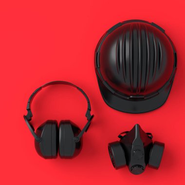 Kırmızı ve siyah renkte tamir için tek renkli inşaat araçlarının üst görünümü