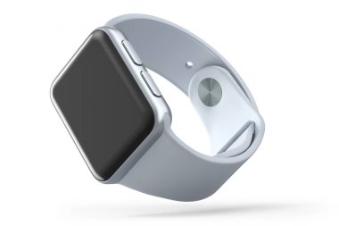 Beyaz arkaplanda paslanmaz gümüş akıllı saat veya fitness izleyicisi izole.