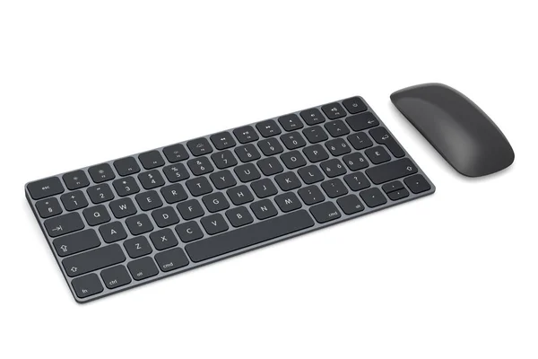 Clavier d'ordinateur moderne en aluminium noir et souris isolé sur fond blanc. — Photo