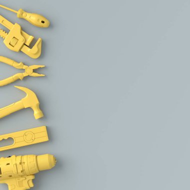 Gri ve sarı renkte tamir için tek renkli inşaat araçlarının üst görünümü