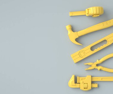 Mavi ve sarı üzerinde tamir için tek renkli inşaat araçlarının üst görünümü