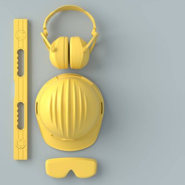 Gri ve sarı renkte tamir için tek renkli inşaat araçlarının üst görünümü