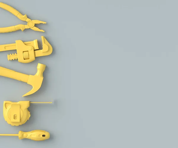 Vista superior de ferramentas de construção monocromáticas para reparo em cinza e amarelo — Fotografia de Stock