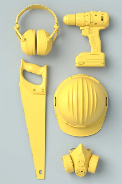 Ovanifrån av monokroma byggverktyg för reparation på grå och gul — Stockfoto