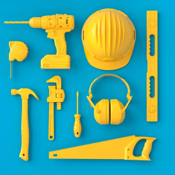 Κάτοψη μονόχρωμων εργαλείων για επισκευή σε μπλε και κίτρινο — Φωτογραφία Αρχείου