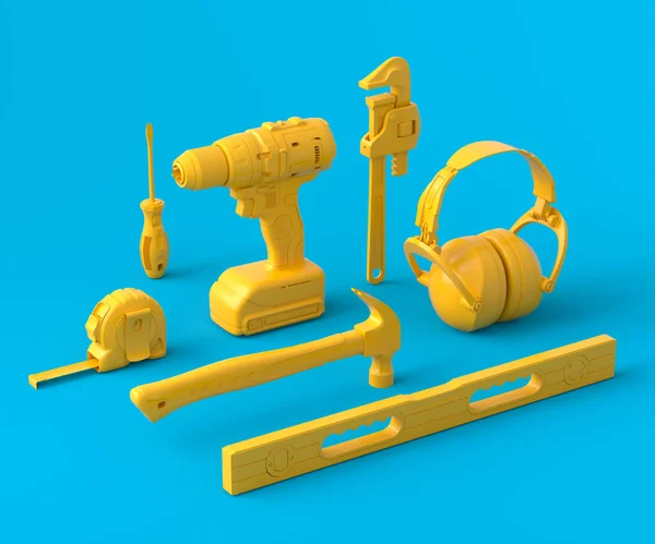 Vue isométrique des outils de construction monochromes pour la réparation sur bleu et jaune — Photo
