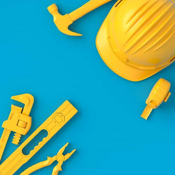 Horní pohled na monochromatické stavební nástroje pro opravy na modré a žluté — Stock fotografie